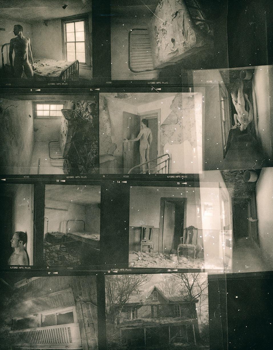 A contact sheet displays multiple images of a nude man in a dilapidated room and an exterior shot of an abandoned house.