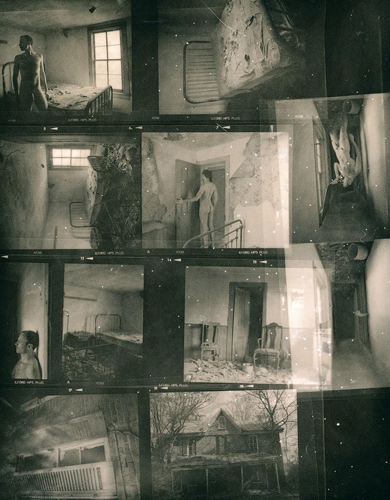 A contact sheet displays multiple images of a nude man in a dilapidated room and an exterior shot of an abandoned house.