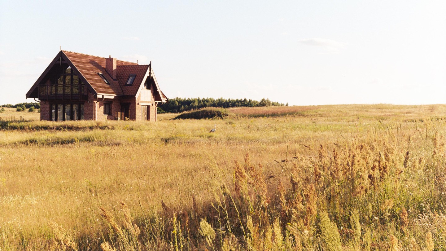 A brick house with a red roof stands in a field of tall grass with a stork in the distance.