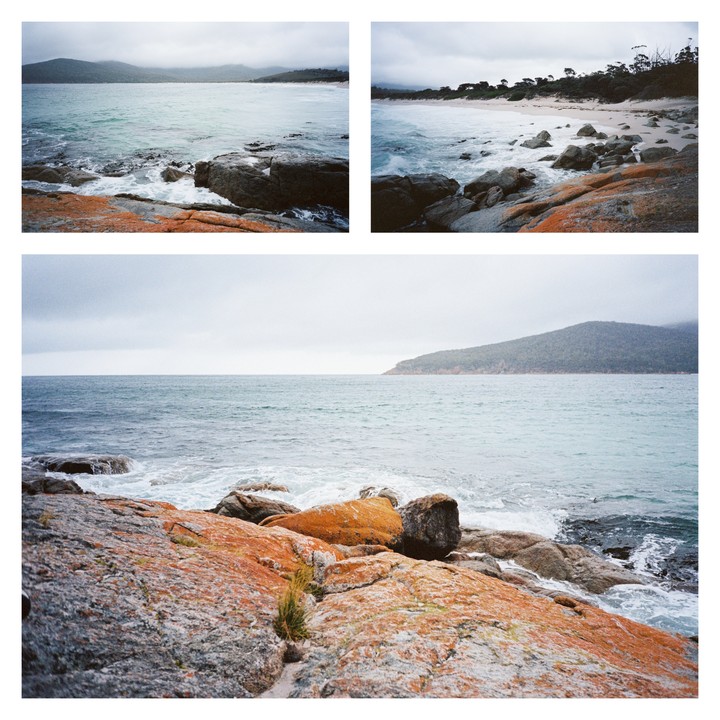 Three images show a rocky coastline with orange-hued rocks and a sandy beach under a cloudy sky.