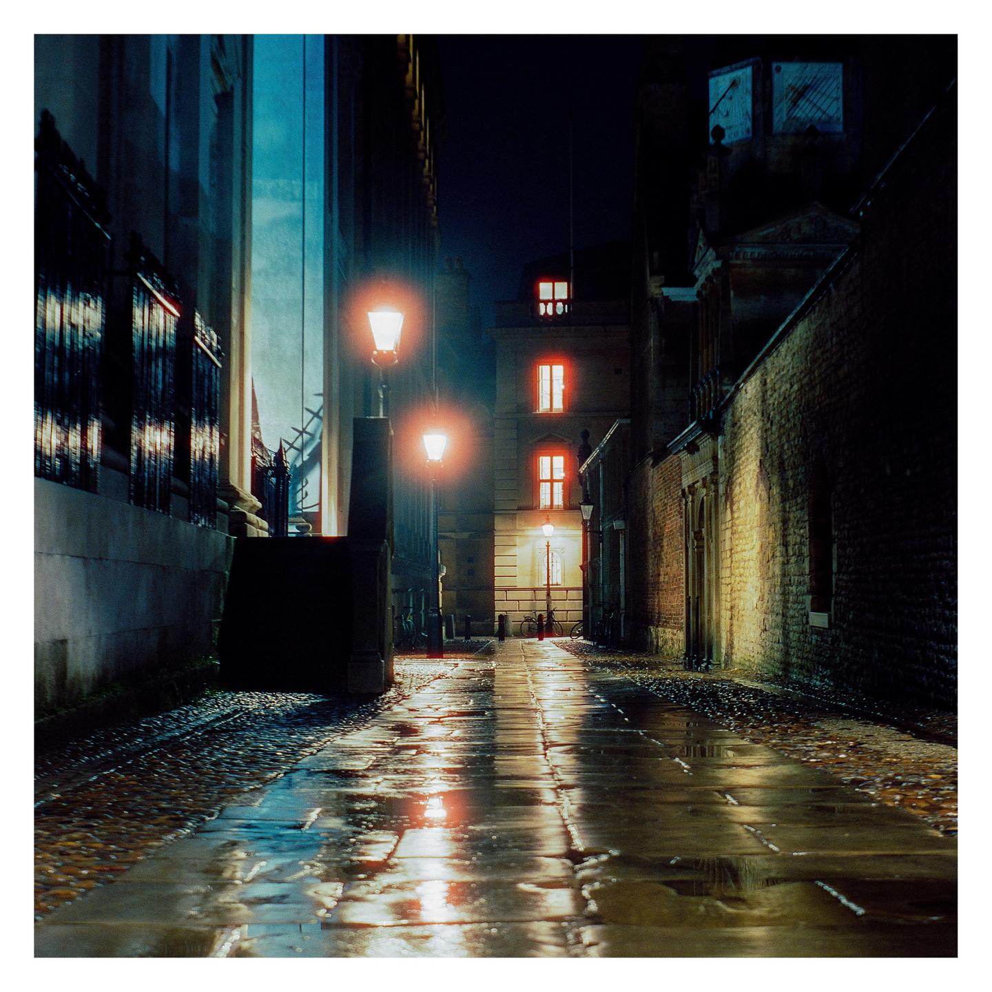 A narrow, wet alley is illuminated by streetlights and glowing windows at night.