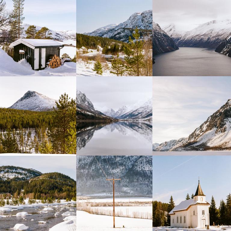 A grid of nine images shows various snowy landscapes, including mountains, a fjord, a cabin, a church, and a river.