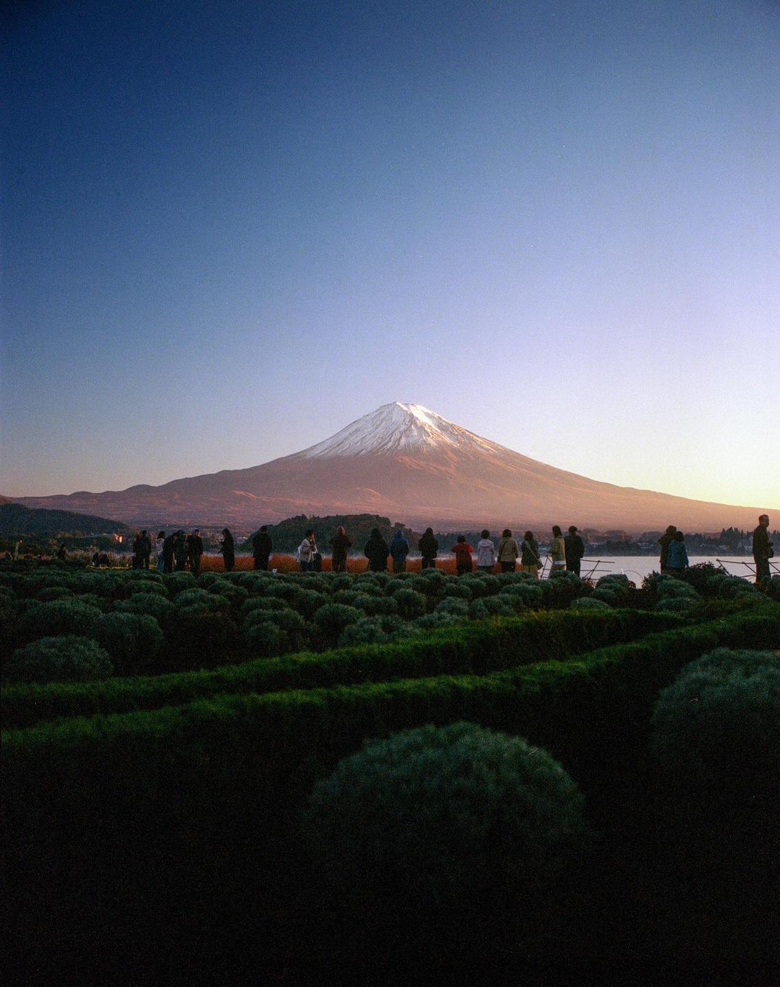A group of people stand on a hill overlooking Mount Fuji with a clear sky above.
