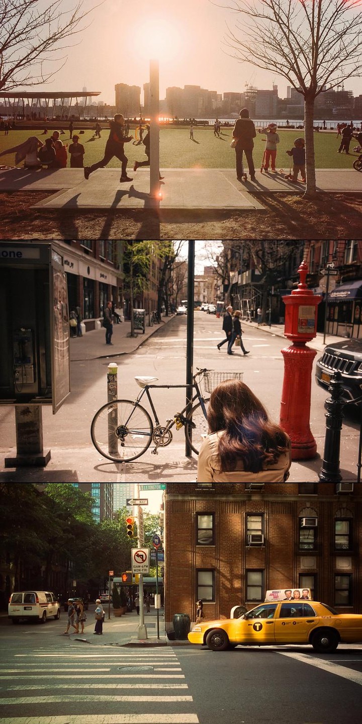 Three street scenes show people in a park at sunset, a woman sitting next to a bicycle and a red mailbox, and a yellow taxi cab at a crosswalk.