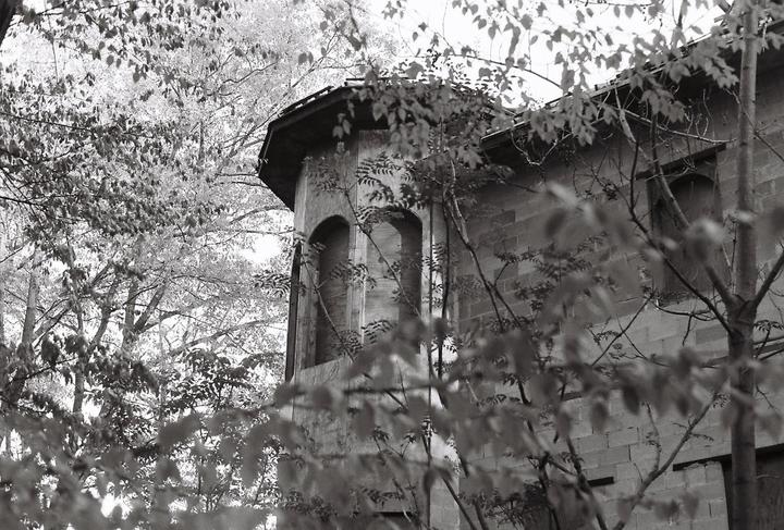 A stone tower with arched windows is partially obscured by tree branches and foliage.