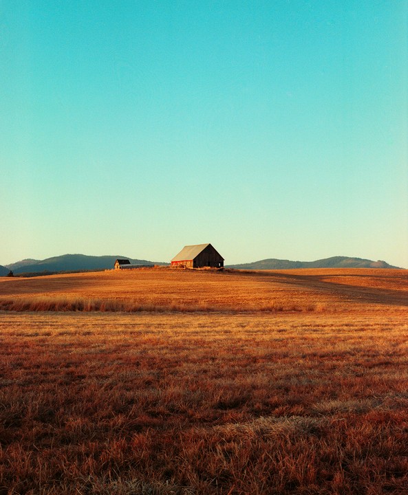 A barn stands on a hill in a field of dry grass under a clear sky.