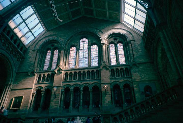 A grand hall with stained glass windows and a high ceiling is illuminated by natural light.