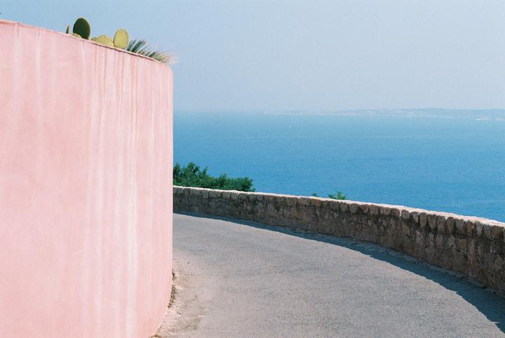 A pink wall with cacti on top stands beside a winding road overlooking a vast blue sea.
