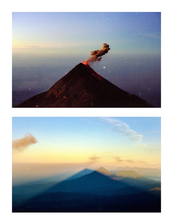 A two-panel image shows a volcano erupting with smoke and lava, and a mountain casting a long shadow across a valley at sunset.