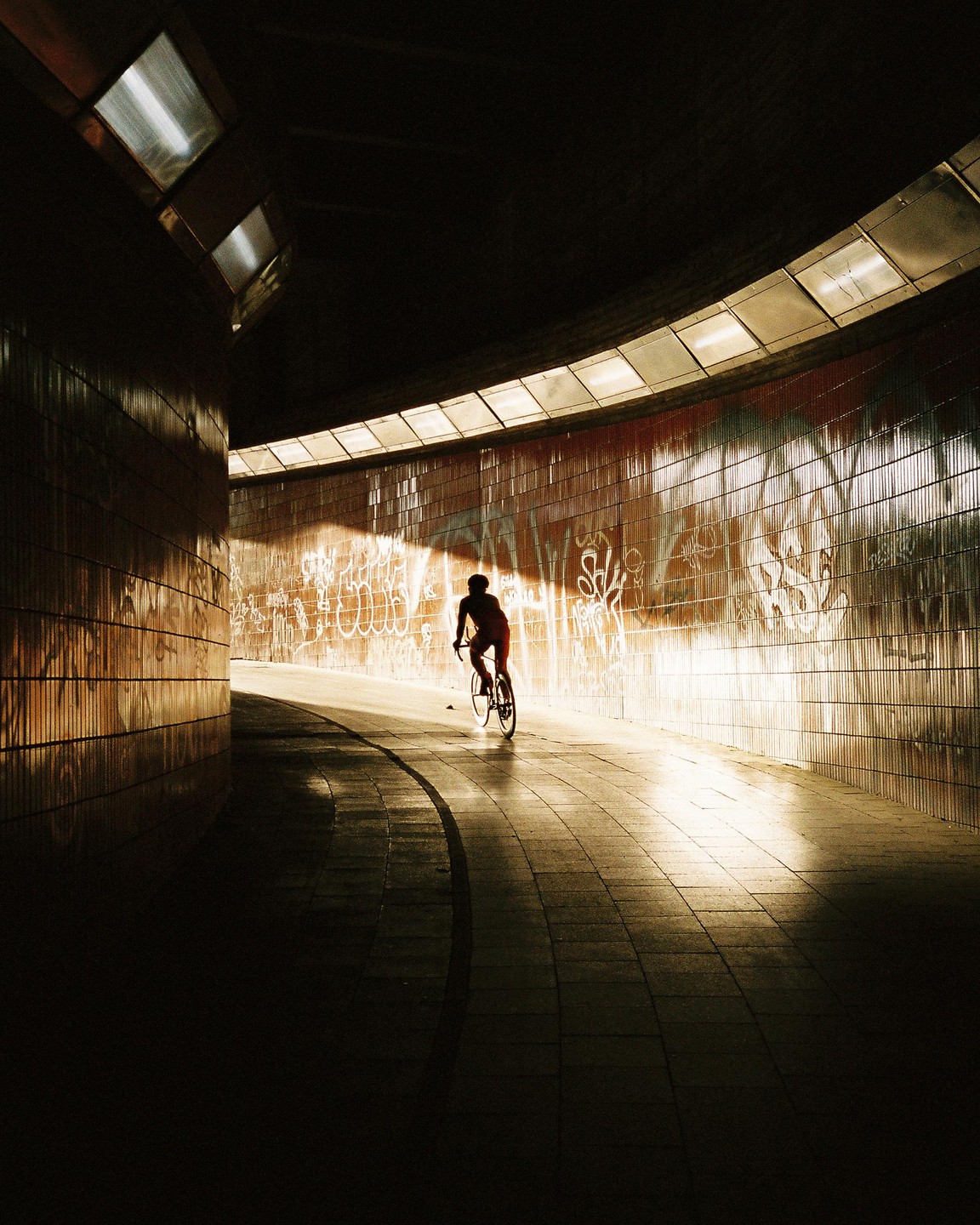 A cyclist rides through a tunnel with graffiti on the walls, illuminated by a bright light source ahead.