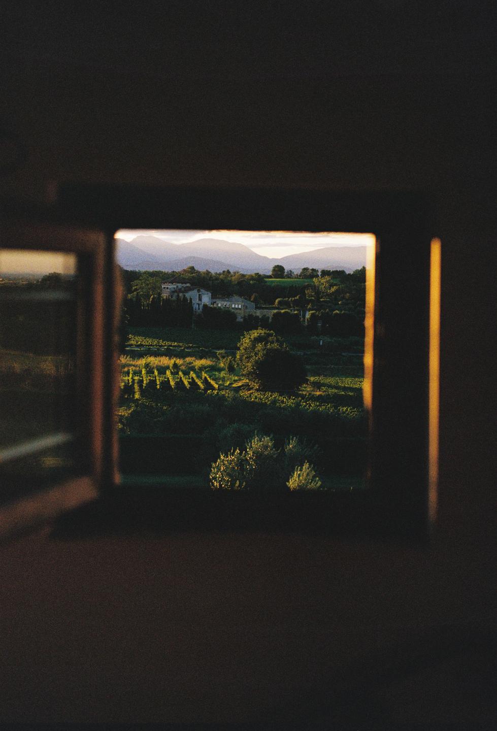 A view of a vineyard, buildings, and mountains is seen through a window frame at sunrise.