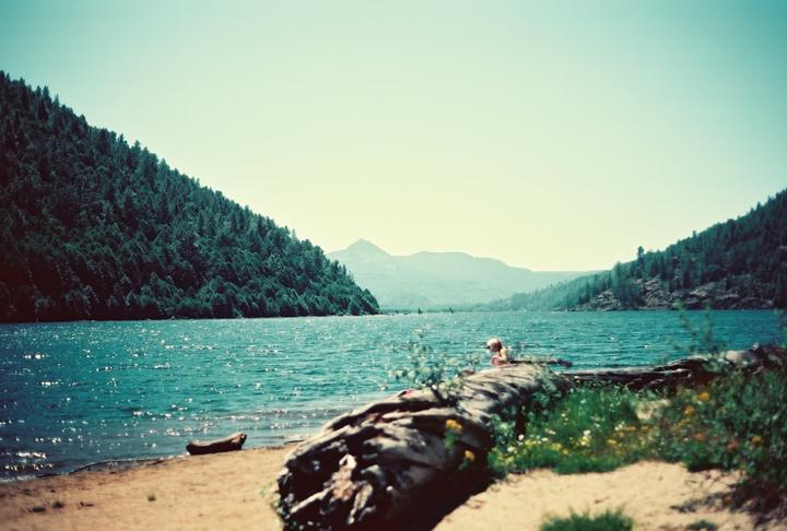 A person is swimming in a lake surrounded by mountains and forest.