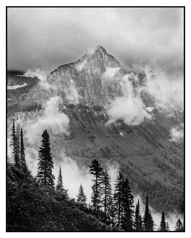 A mountain peak is partially obscured by clouds, with evergreen trees in the foreground.