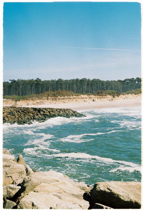 A rocky shoreline with waves crashing against a stone jetty, a sandy beach, and a forest under a clear sky.