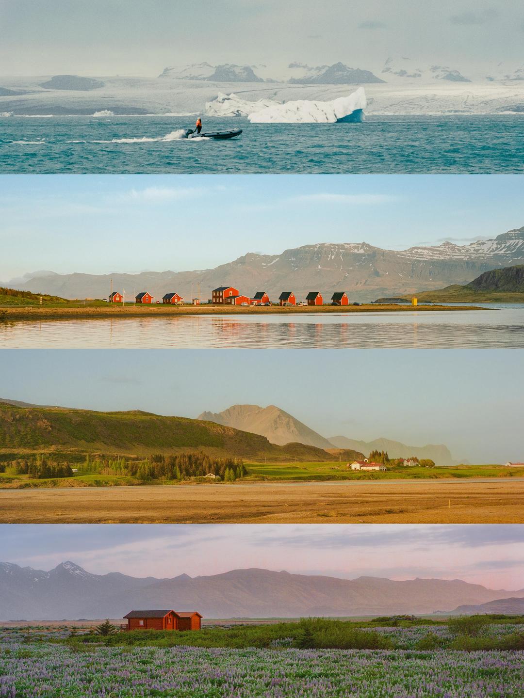 Four landscape photographs of Iceland are arranged in a grid, showing a boat near an iceberg, red houses by a lake, a valley with fields and mountains, and a field of purple flowers with a cabin.