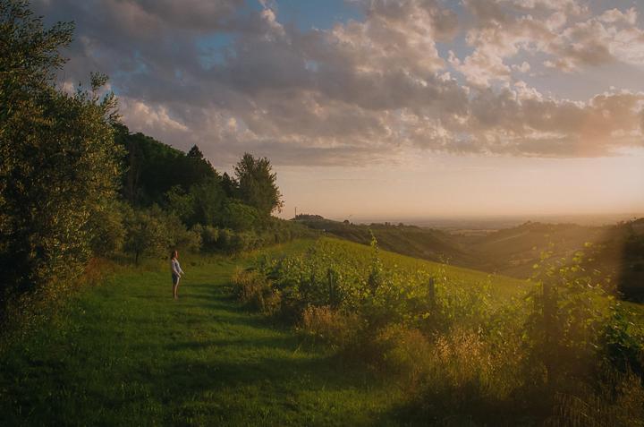 A woman stands in a vineyard at sunset with rolling hills in the distance.