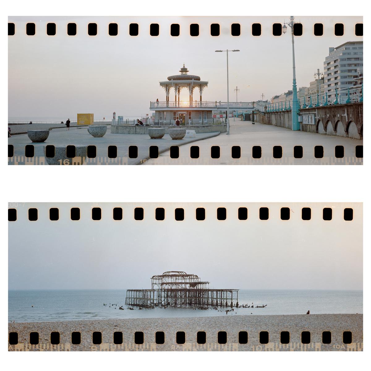 Two images show a gazebo on a promenade and a ruined pier on a beach.