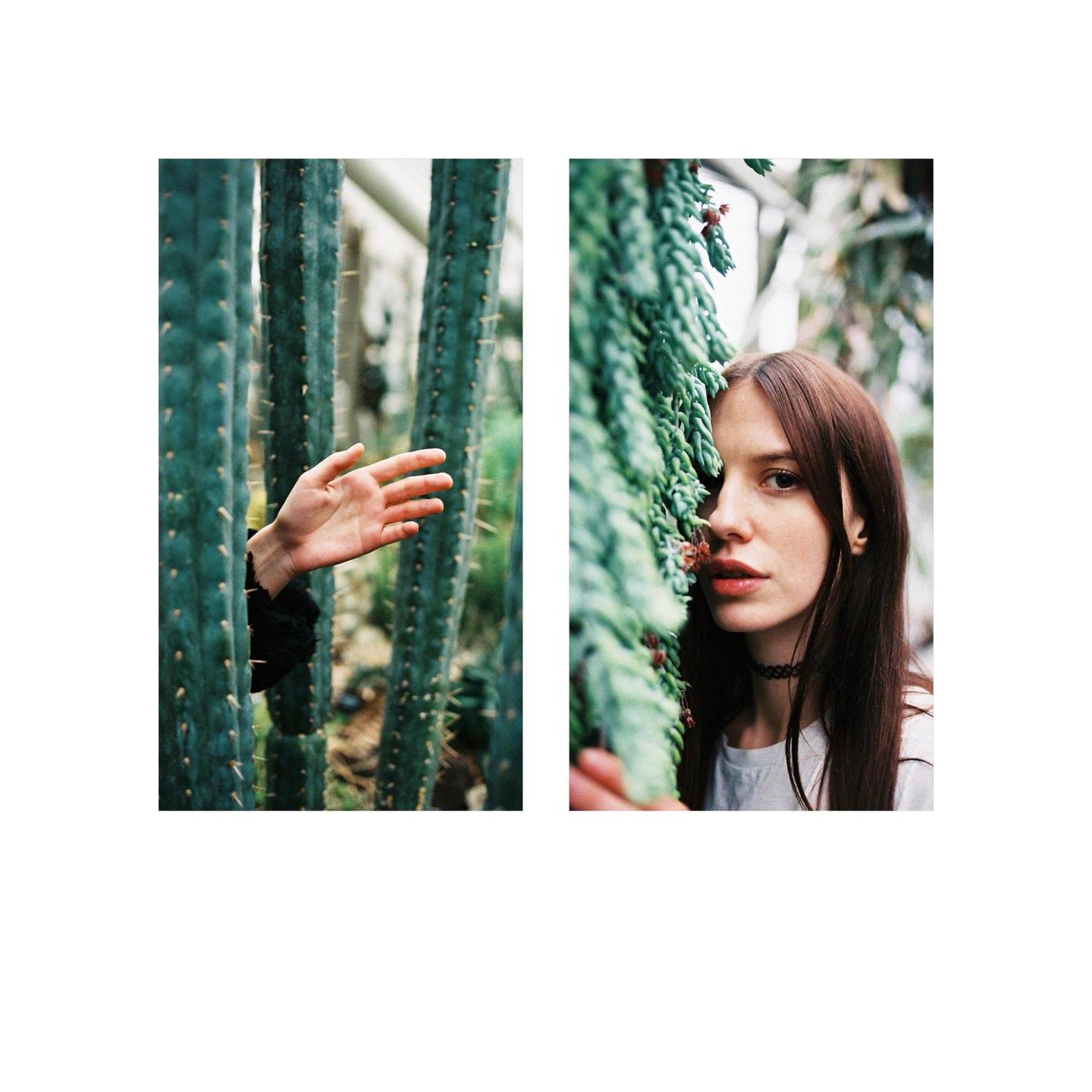 A diptych shows a woman partially obscured by foliage and a hand reaching out from behind a cactus.