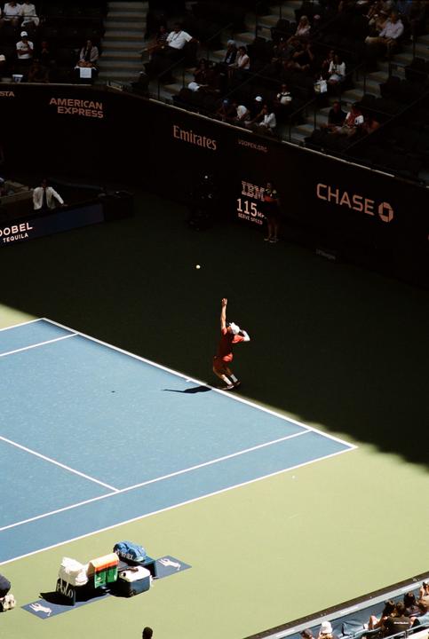 A tennis player in a red shirt serves a tennis ball on a court with spectators in the stands.