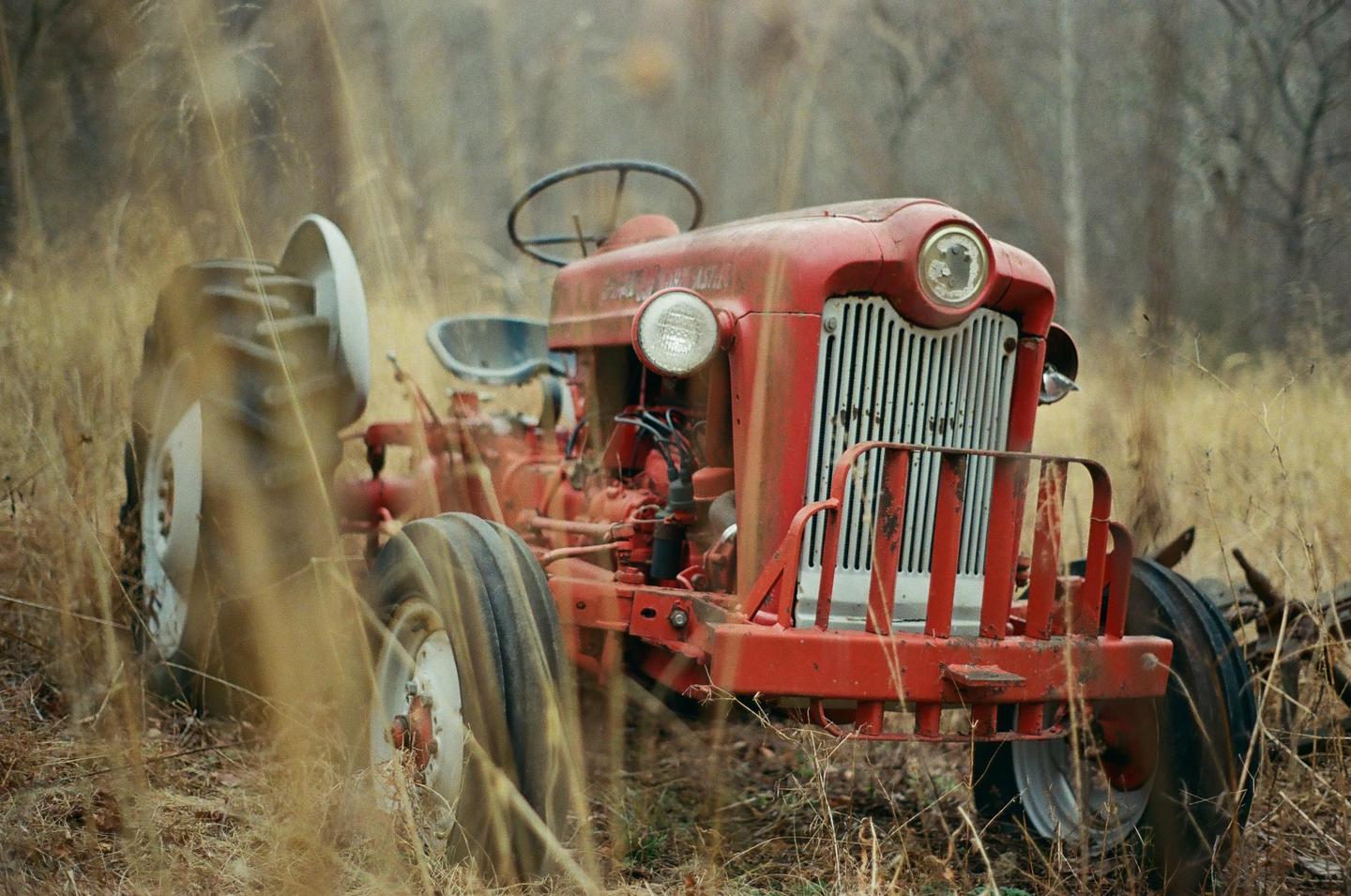 A red tractor is parked in a field of tall, dry grass.