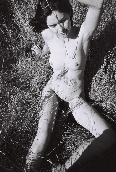 A nude woman is lying in tall grass with her eyes closed and her arm raised.