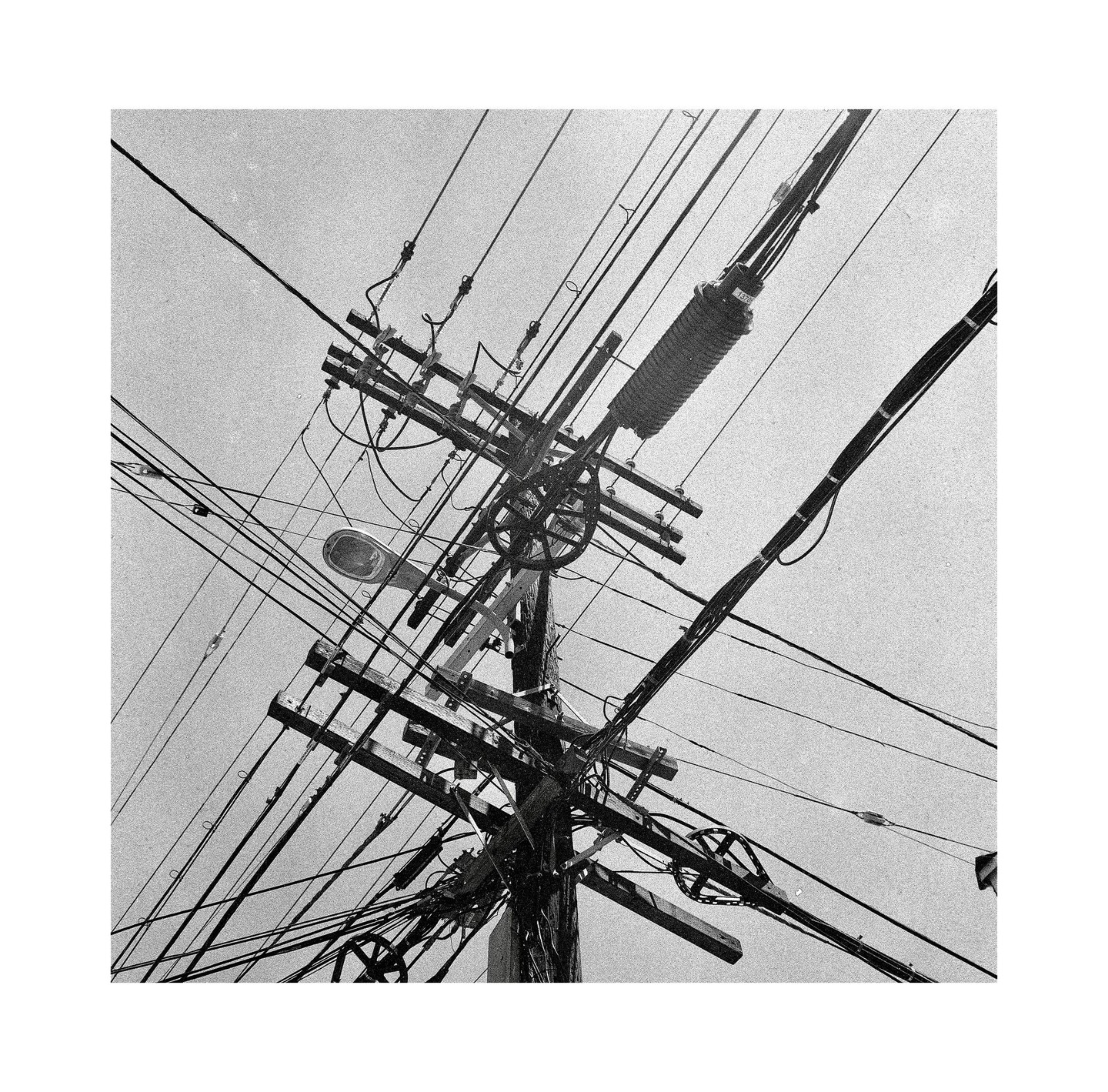 A complex network of utility wires and poles is visible against a bright sky.