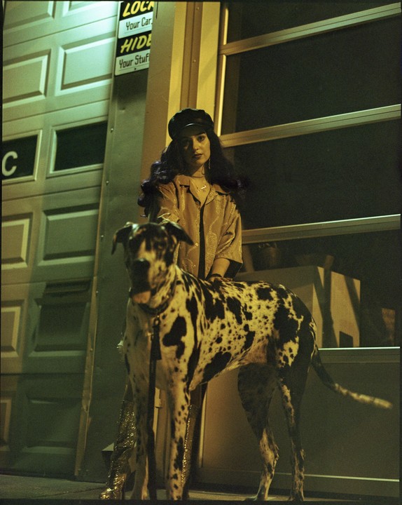 A woman in a hat stands next to a large spotted dog at night.
