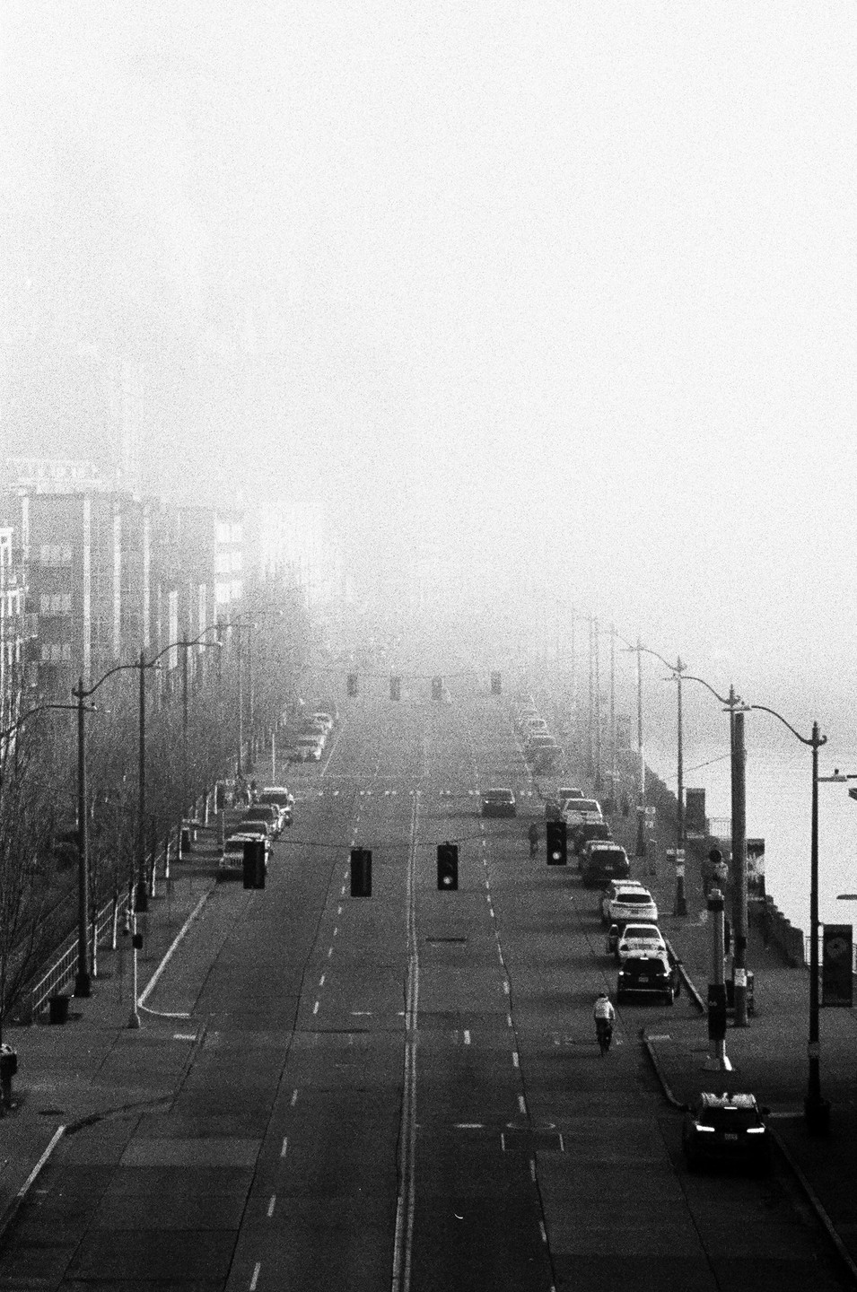 A long, straight road with cars and buildings on either side disappears into a thick fog.