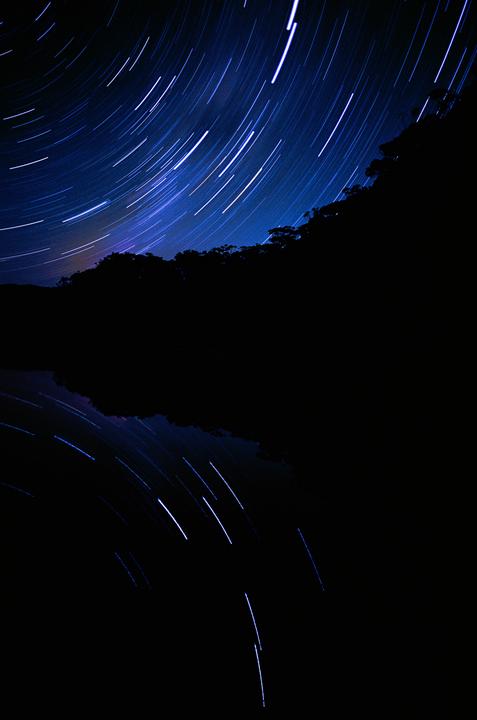 Star trails arc across a dark night sky above a silhouetted forest and its reflection in water.