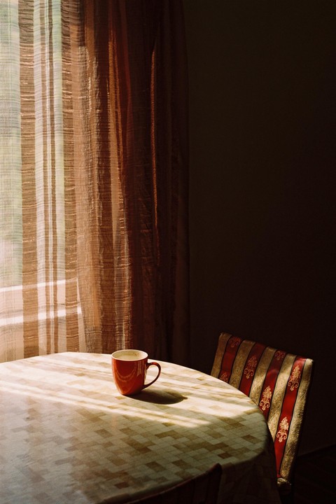 A red mug sits on a patterned tablecloth, illuminated by sunlight streaming through a sheer curtain.