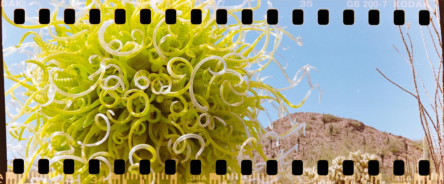 A large, intricate glass sculpture with green and clear swirling forms stands against a clear blue sky, with a desert landscape and mountains in the background.