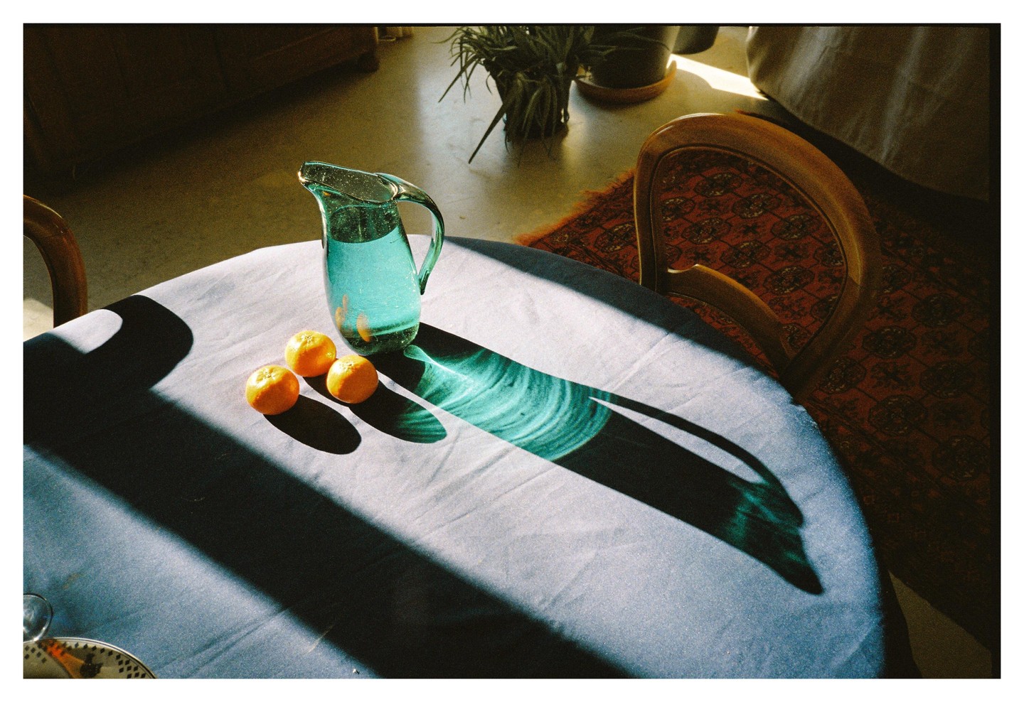 A glass pitcher and three tangerines sit on a table with a tablecloth, illuminated by a strong beam of sunlight.