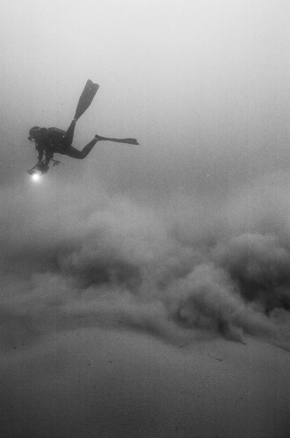 A diver with a light attached to their camera floats above a cloud of sand underwater.