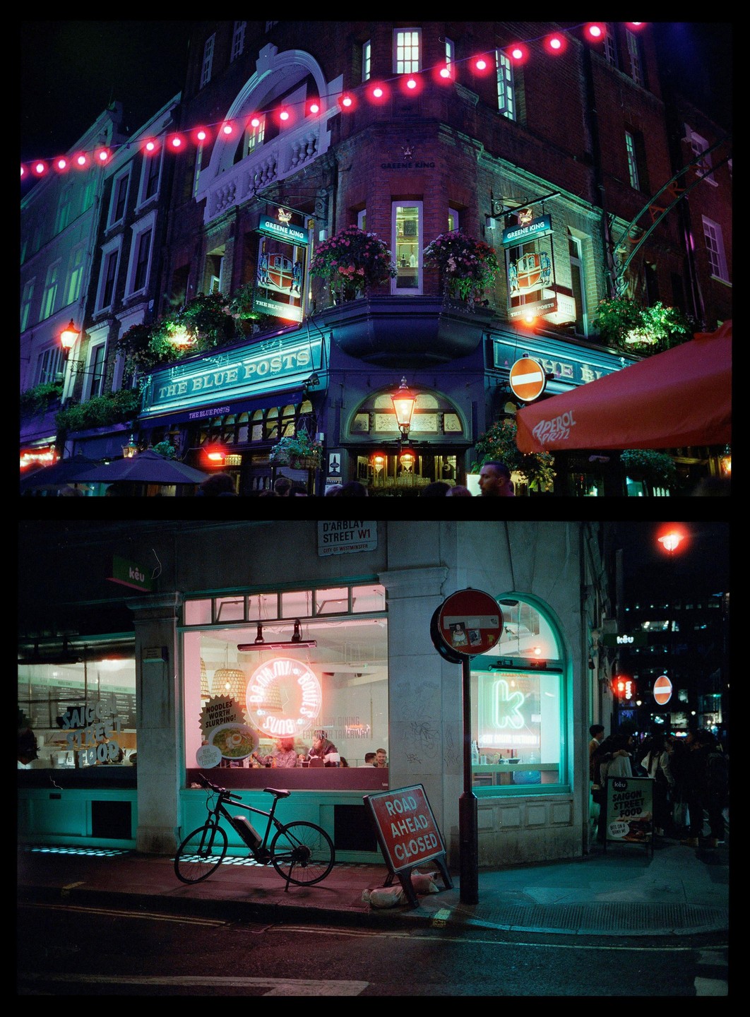 Two street scenes at night show a pub with red string lights and a restaurant with neon signs and a bicycle parked outside.