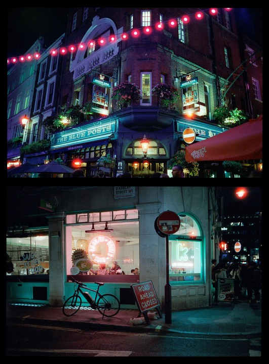 Two street scenes at night show a pub with red string lights and a restaurant with neon signs and a bicycle parked outside.