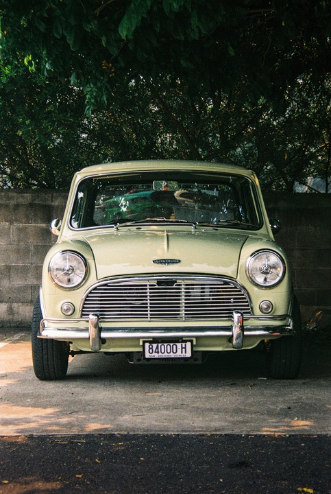 A light green Austin Cooper car is parked in front of a brick wall and lush green foliage.