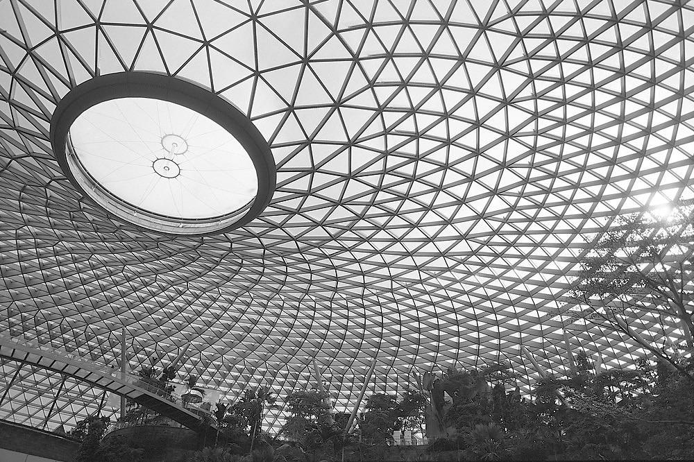 A large geodesic dome ceiling with a circular skylight covers a lush indoor garden with trees and a walkway.