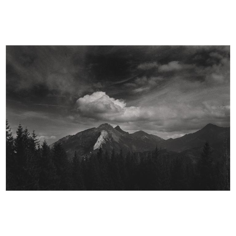 A dramatic black and white landscape shows a mountain range with a single cloud above the peak, and a forest in the foreground.