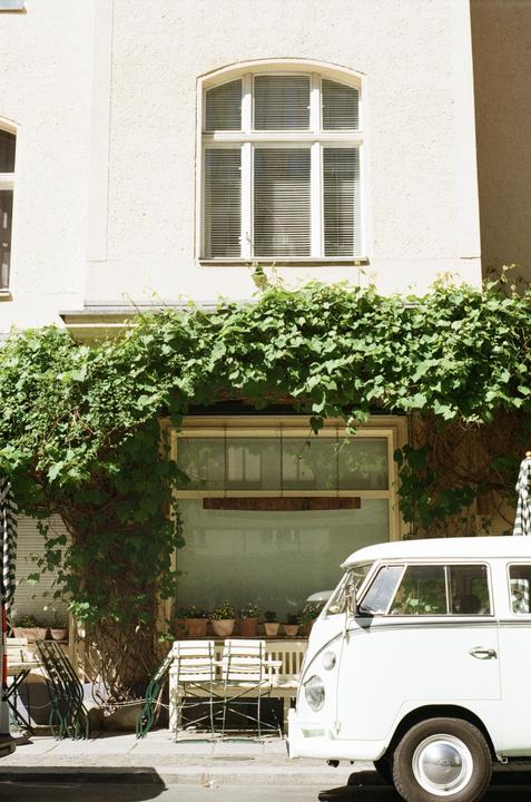 A white van is parked on a street in front of a building with green vines growing on it.