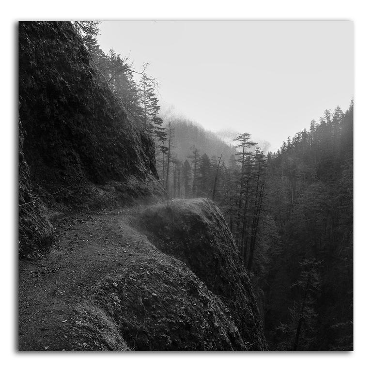 A narrow path winds along a steep, rocky cliffside, with a dense forest and hazy sky in the background.