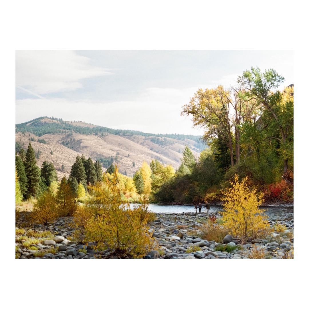 A river flows through a rocky landscape with trees and hills in the background.