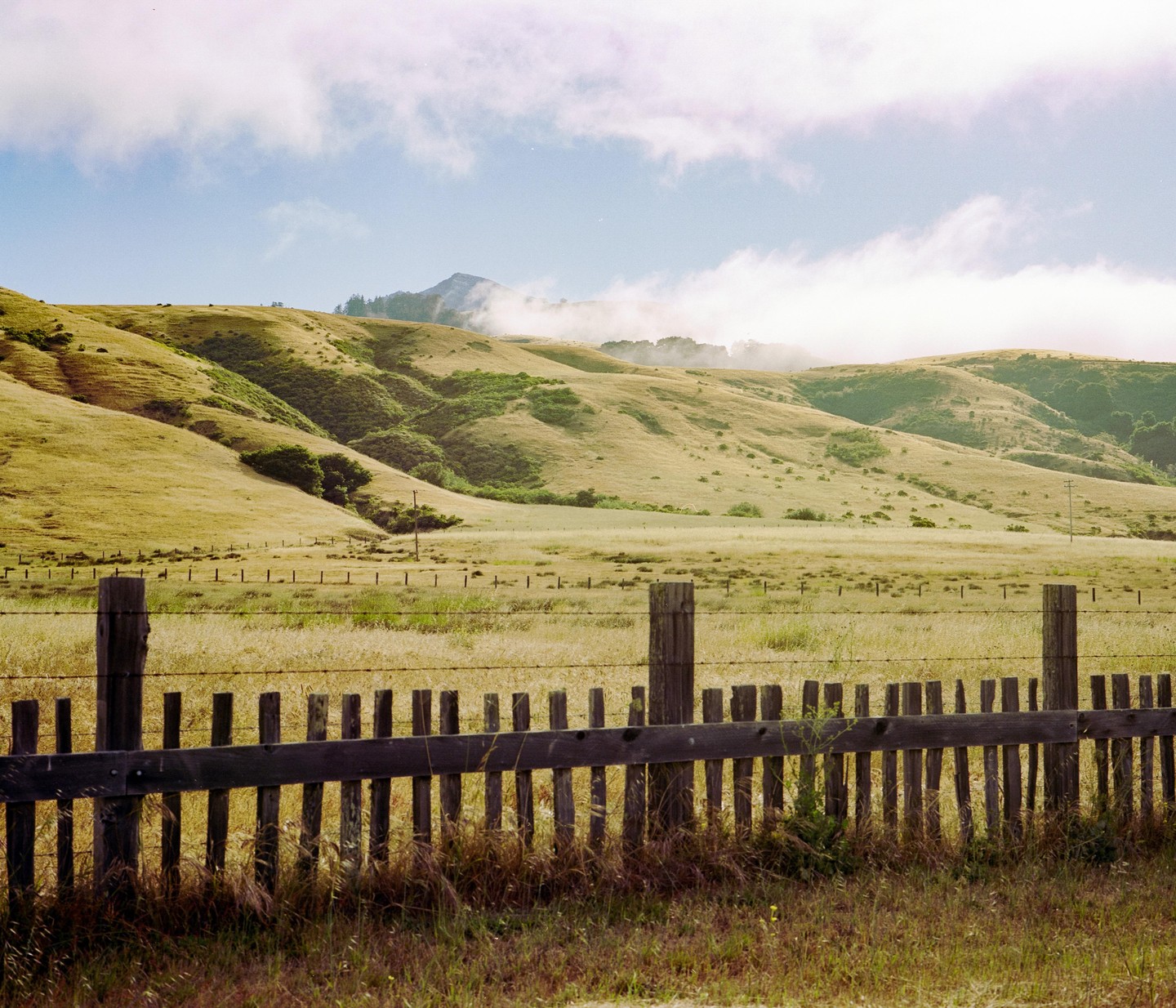 A wooden fence stands in front of rolling hills covered in dry grass under a cloudy sky.