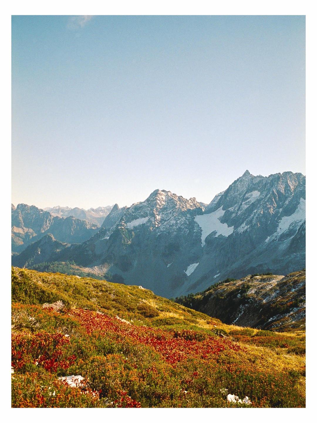 A mountain range with snow-capped peaks rises above a hillside covered in red and green foliage.