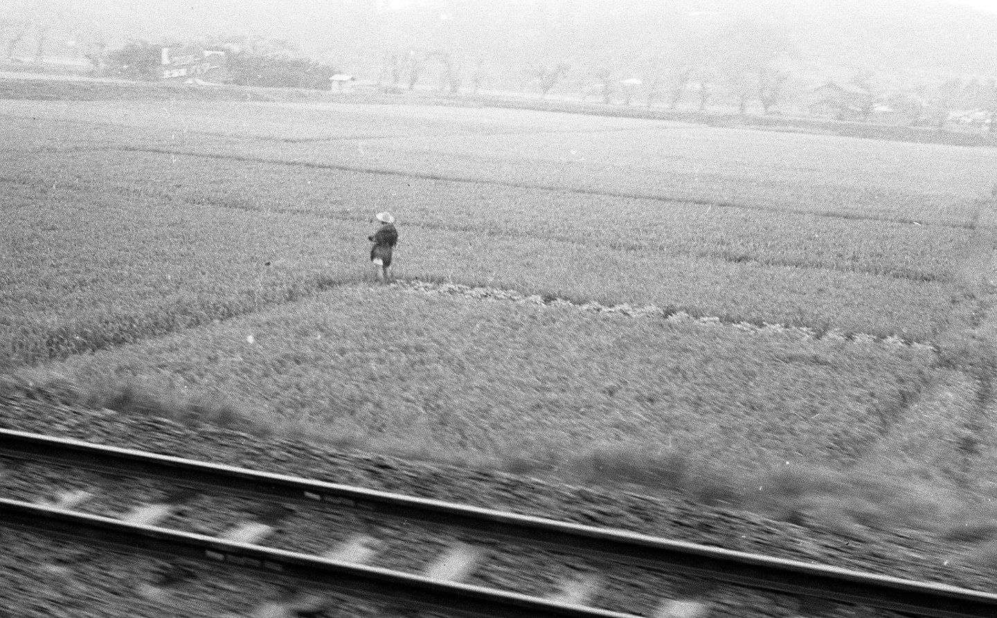 A person wearing a conical hat stands in a field next to railroad tracks.