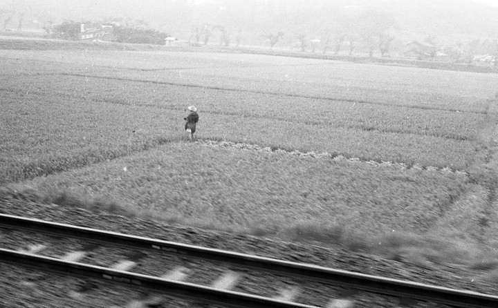 A person wearing a conical hat stands in a field next to railroad tracks.