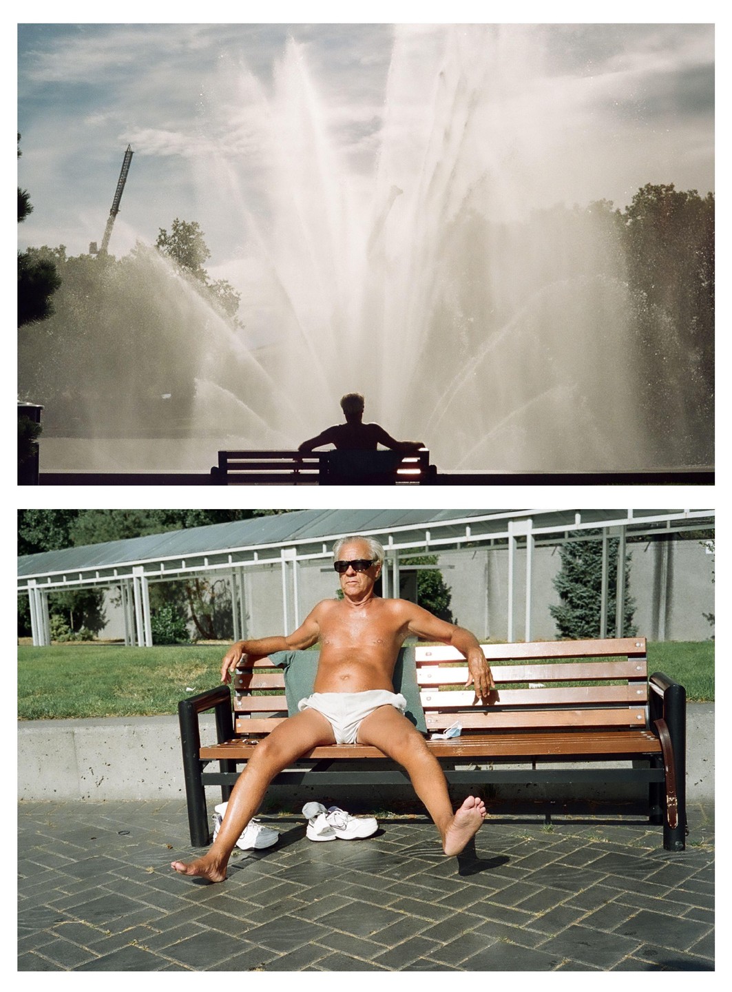 A man sits on a park bench in two different views, one silhouetted against a large fountain and the other showing him shirtless and wearing sunglasses.