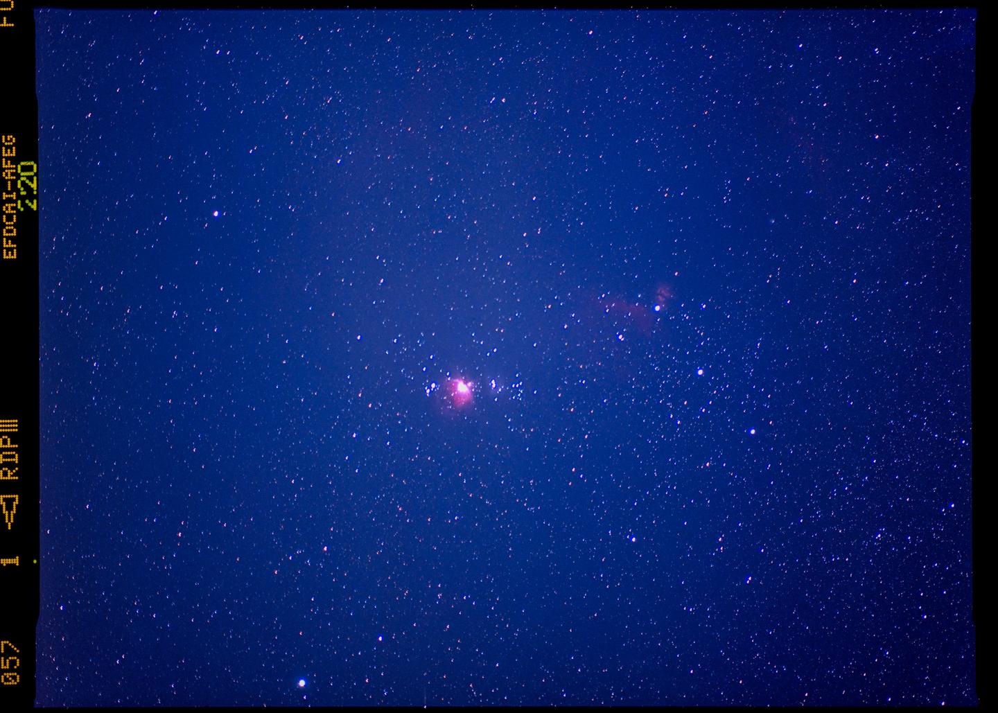 The Orion Nebula is visible in a dark blue night sky filled with stars.