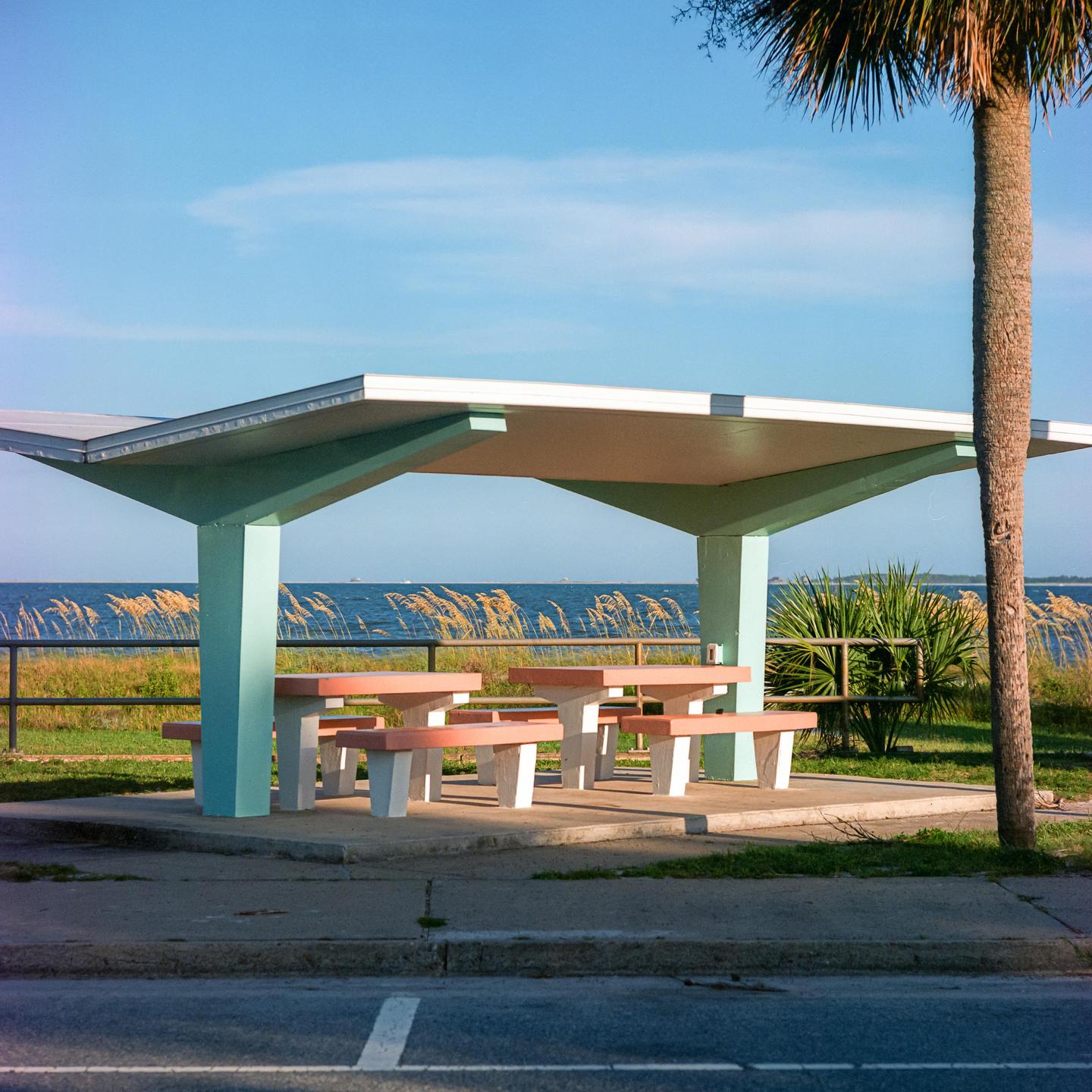 A picnic shelter with tables and benches sits beside a road, overlooking a body of water with tall grass in the foreground.