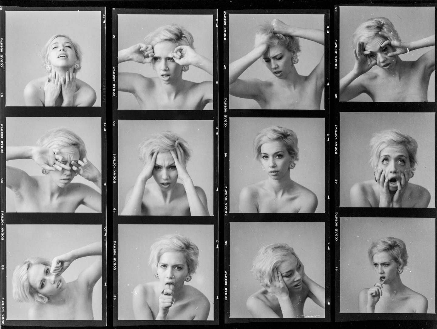 A contact sheet shows a woman making various facial expressions.