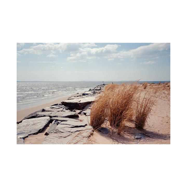 A rocky jetty extends into the ocean next to a sandy beach with tall dry grass.